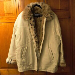 00s Vintage Wilsons Leather White Coat with Leopard Faux Fur Size XL